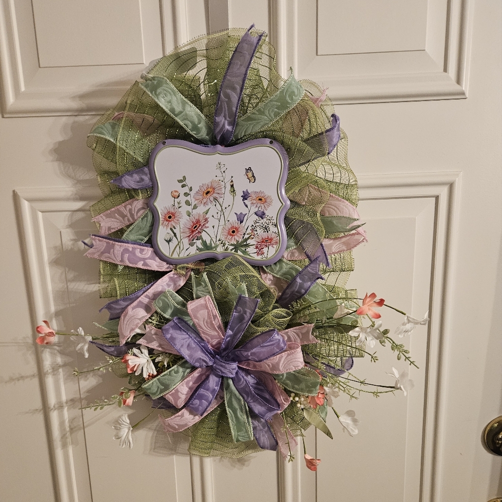 Hand Crafted Green and Purple Floral Wreath
